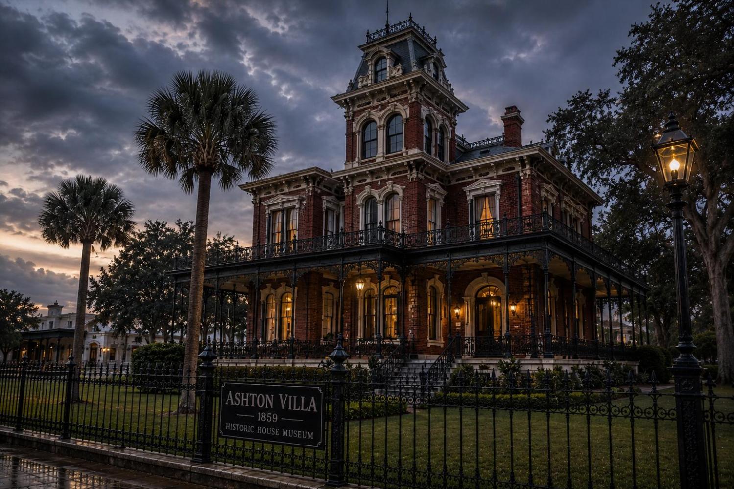 Large historic brick house with tower under dramatic cloudy sky, surrounded by trees and iron fence, sign visible.