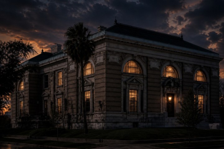 Historic building with lit windows at dusk, surrounded by trees.