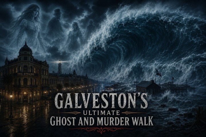 Dramatic ocean wave, ghosts, and text: Galveston's Ultimate Ghost and Murder Walk.