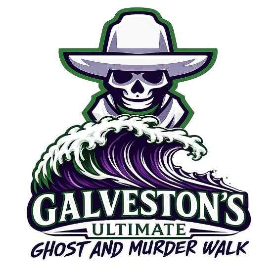 Skeleton in hat above wave, text: 'Galveston's Ultimate Ghost and Murder Walk'.