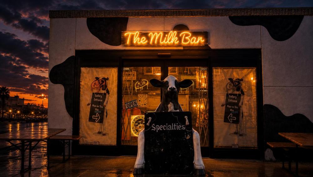 Milk bar entrance at dusk with cow statue and neon sign.