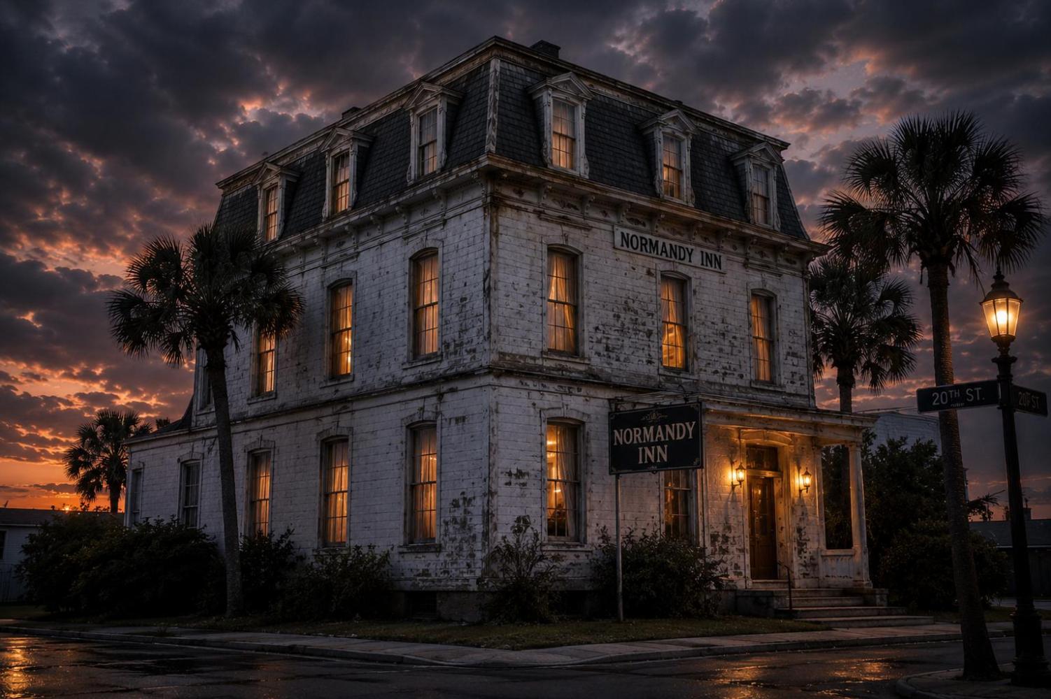 Old brick inn at dusk with lit windows and palm trees.