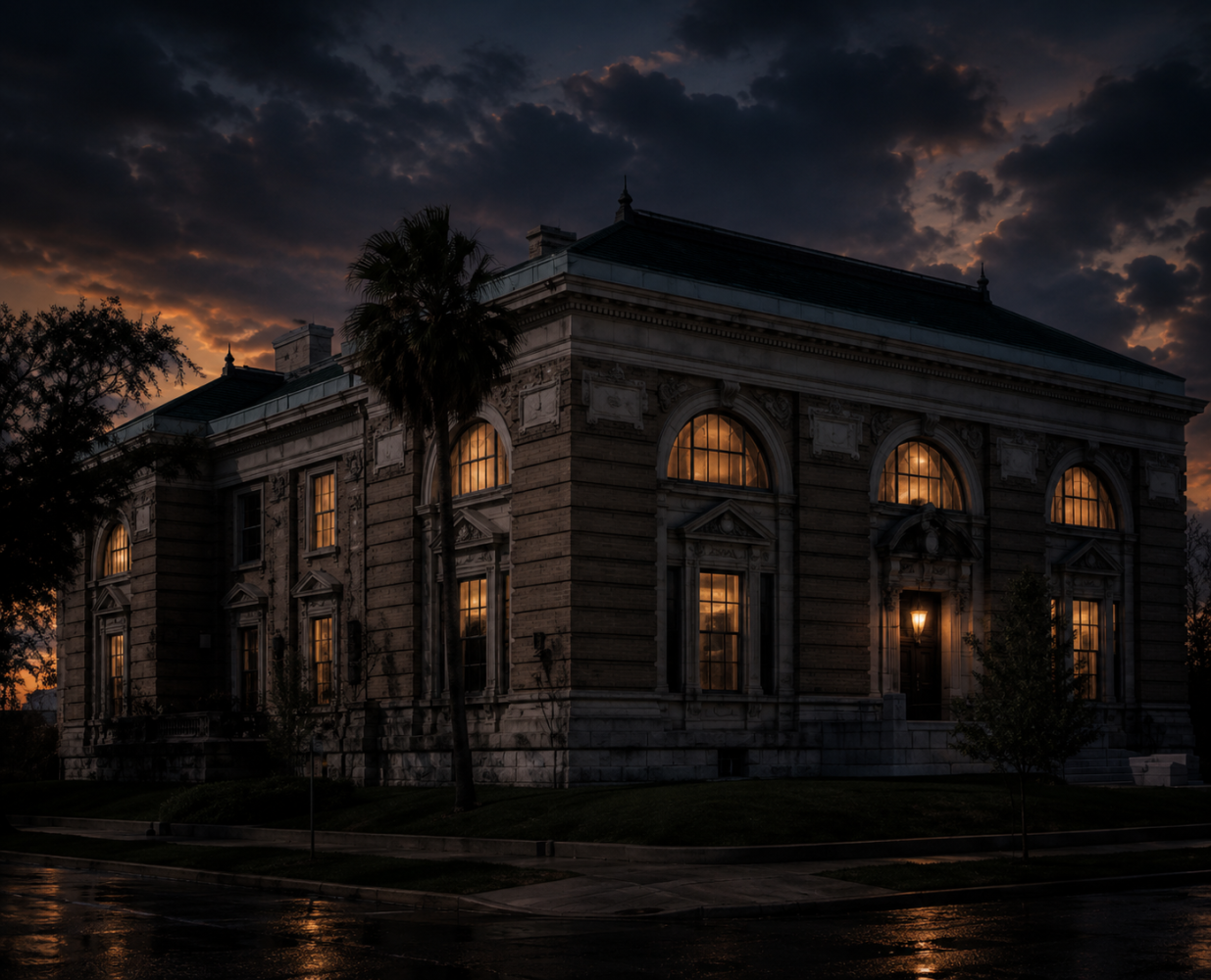 Historic building with arched windows lit from within, under a dramatic, cloudy night sky.