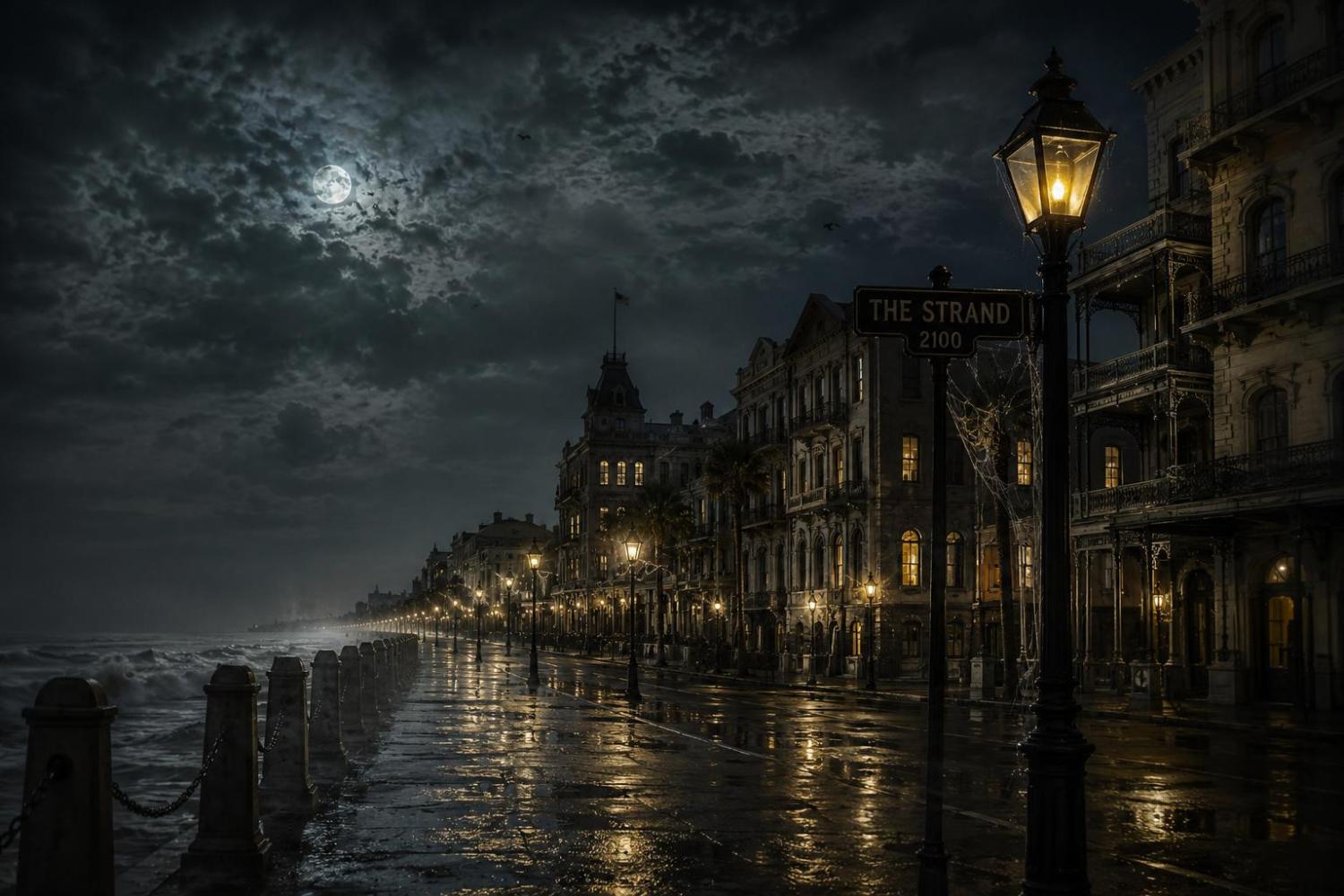 Moody night scene of a wet, dimly lit street beside the ocean with ornate buildings and cloudy sky.