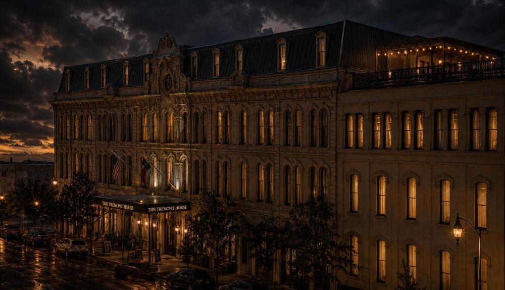 Historic building with lit windows at dusk under cloudy sky.